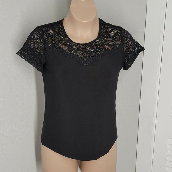 Perception Concept Cute Stretchy Shirt Blouse ~ Sz L ~ Black ~ Short Sleeve - Picture 2 of 5